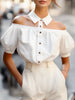White off-shoulder blouse for women with puff sleeves, button-up front, and statement collar by FJØRNA.
