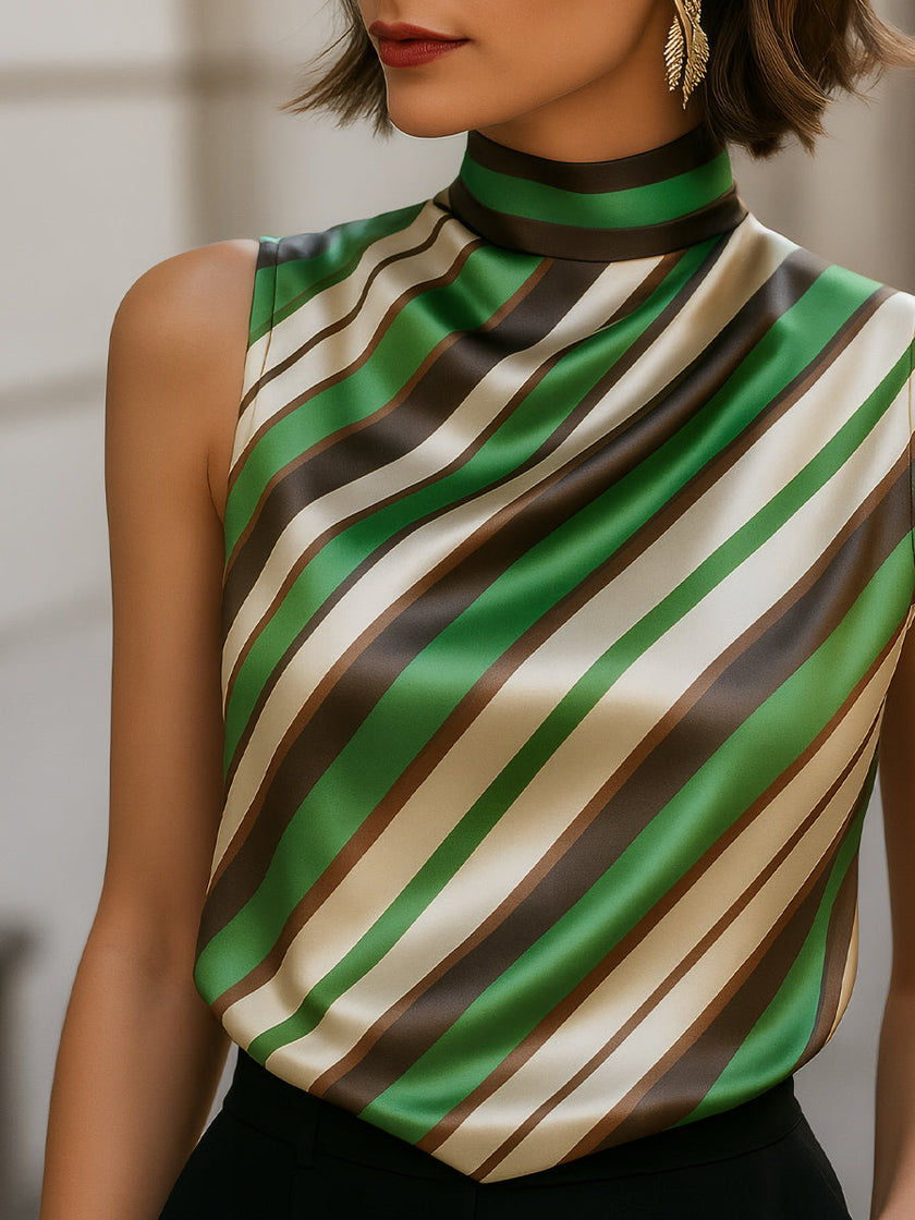 Green satin blouse for women with striped high neck and sleeveless design by FJØRNA, perfect for stylish casual wear.