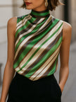 Green satin women's blouse with striped pattern, high neckline, and sleeveless design by FJØRNA.