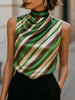 Green satin women's blouse with striped pattern, high neckline, and sleeveless design by FJØRNA.