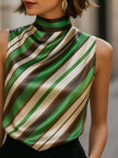 Green satin sleeveless blouse for women with striped high neck, stylish FJØRNA top, ideal for elegant casual wear.