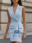 FJØRNA sleeveless blazer dress with V-neck, tailored fit, and ruffle detail, perfect for stylish women’s fashion.