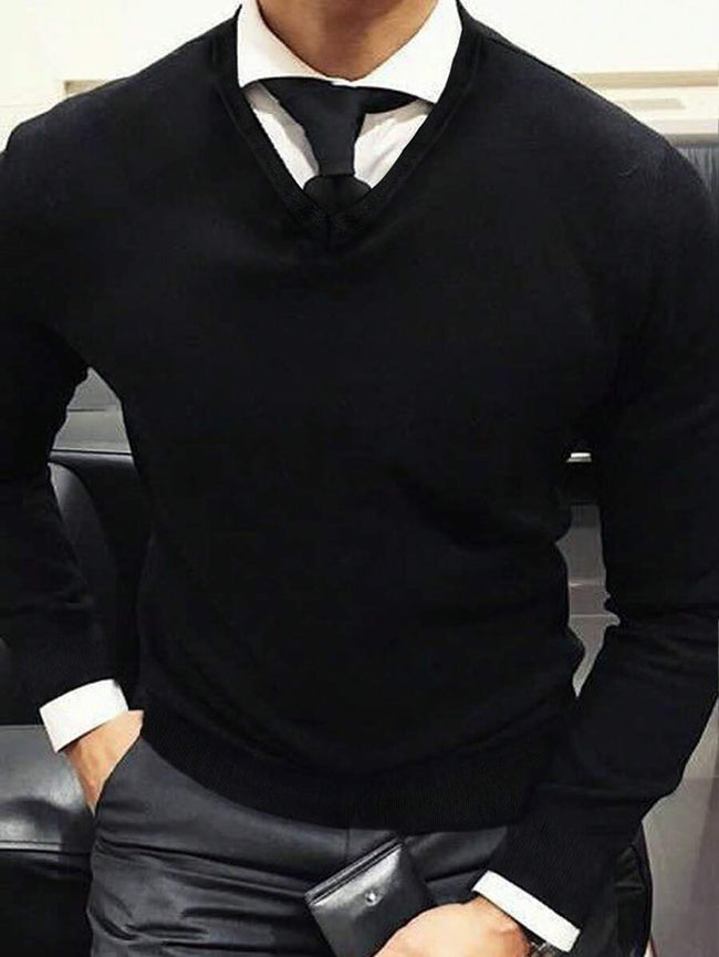 Navy V-Neck Sweater Knit Casual - 1