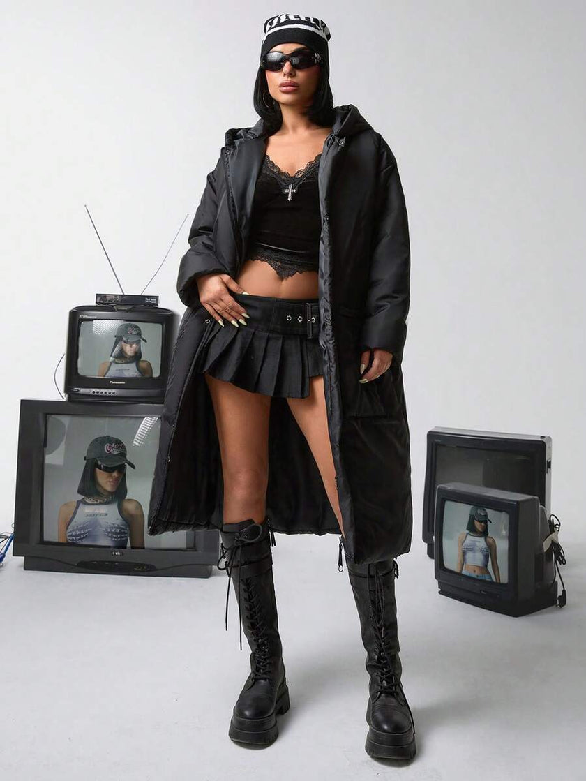 Quilted Long Puffer Coat Black - 9