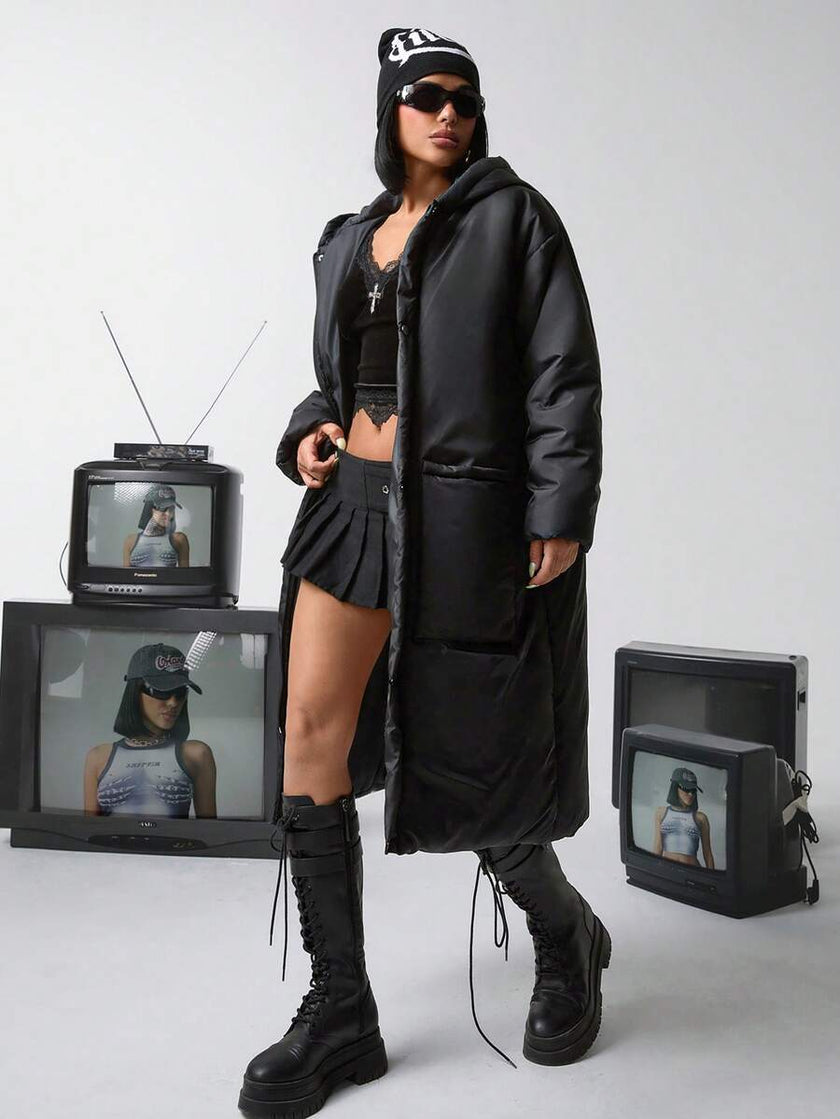 Quilted Long Puffer Coat Black - 10