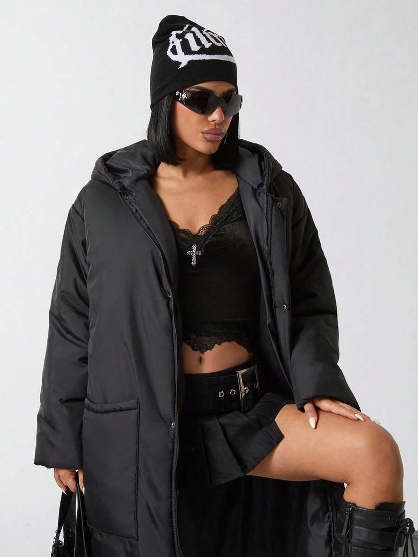 Quilted Long Puffer Coat Black - 12