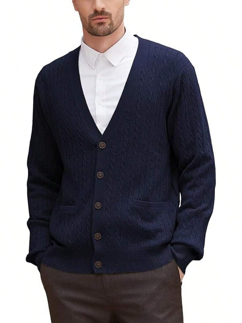 Navy V-Neck Cardigan Wool Blend - 21