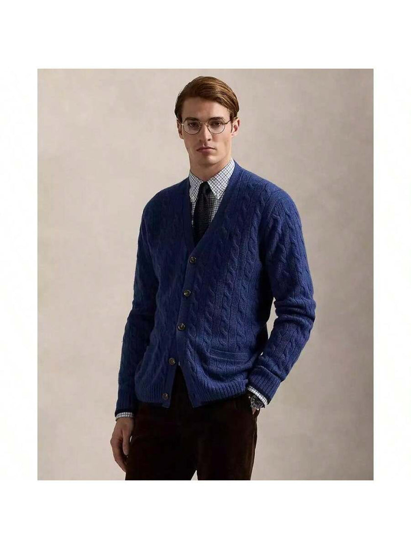 Navy Cable-Knit Cardigan Sweater - 1