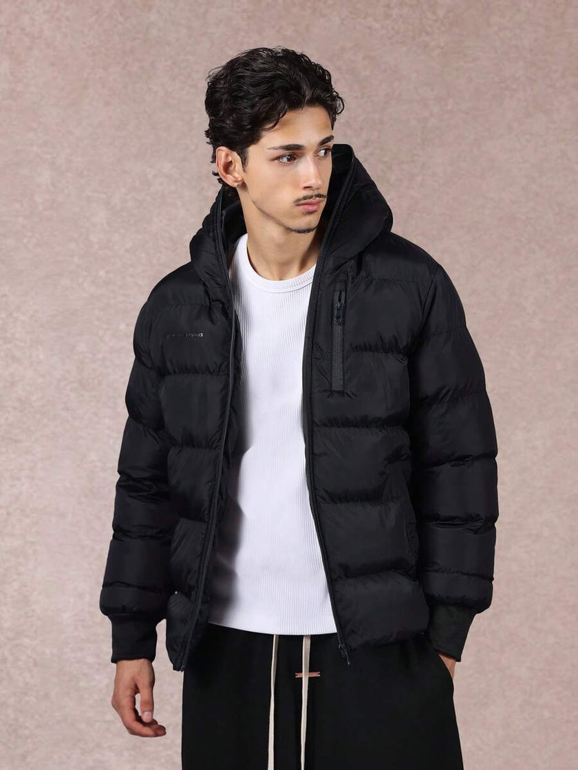 Black Puffer Jacket Insulated Coat - 1