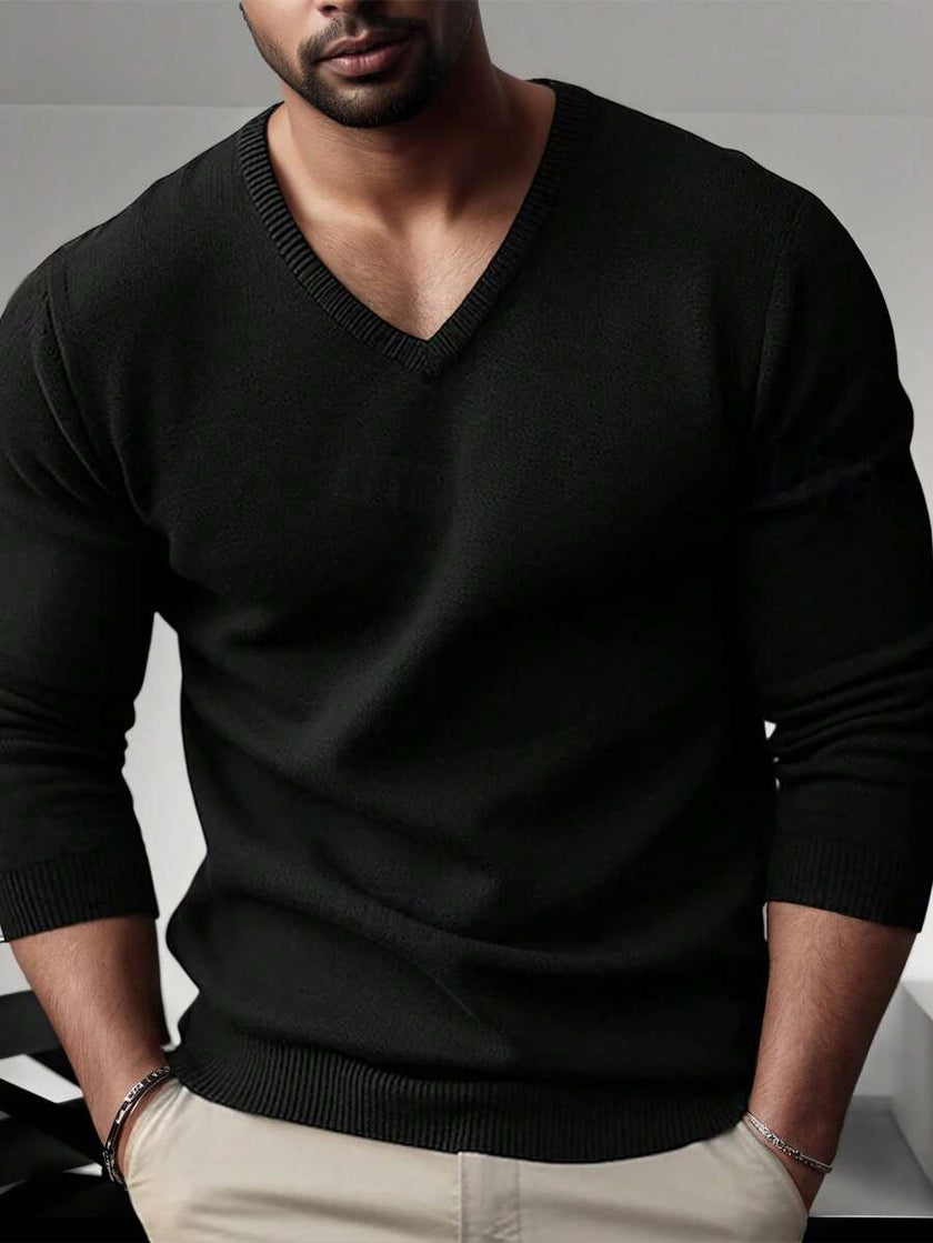 Solid V-Neck Sweater Navy - 3