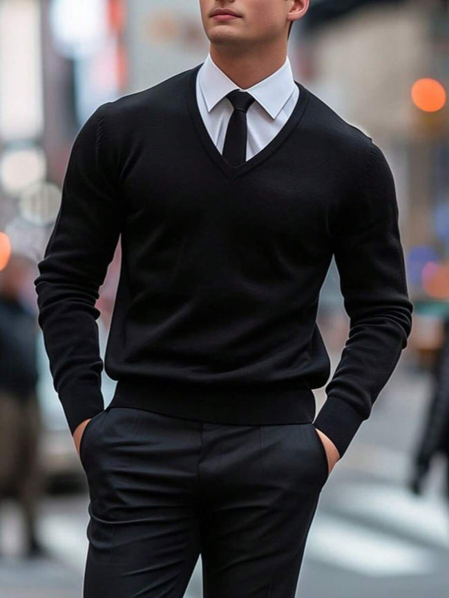 Solid V-Neck Sweater Navy - 1