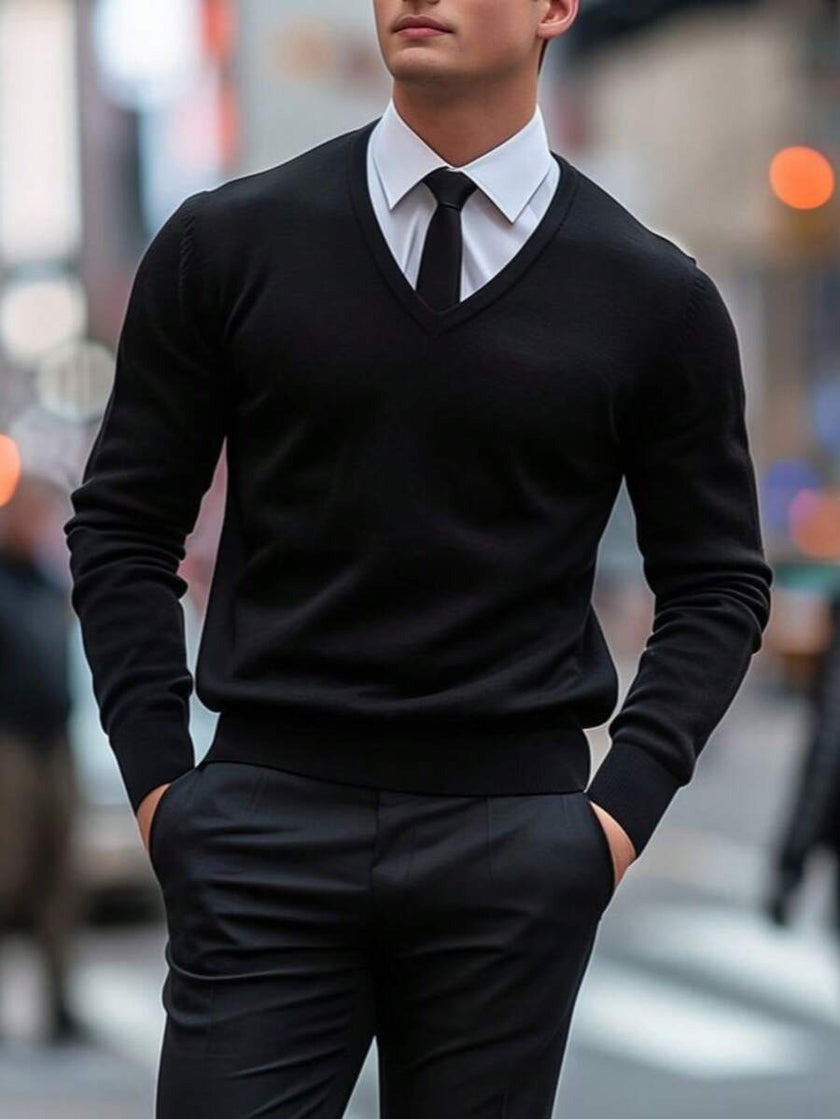 Solid V-Neck Sweater Navy - 1