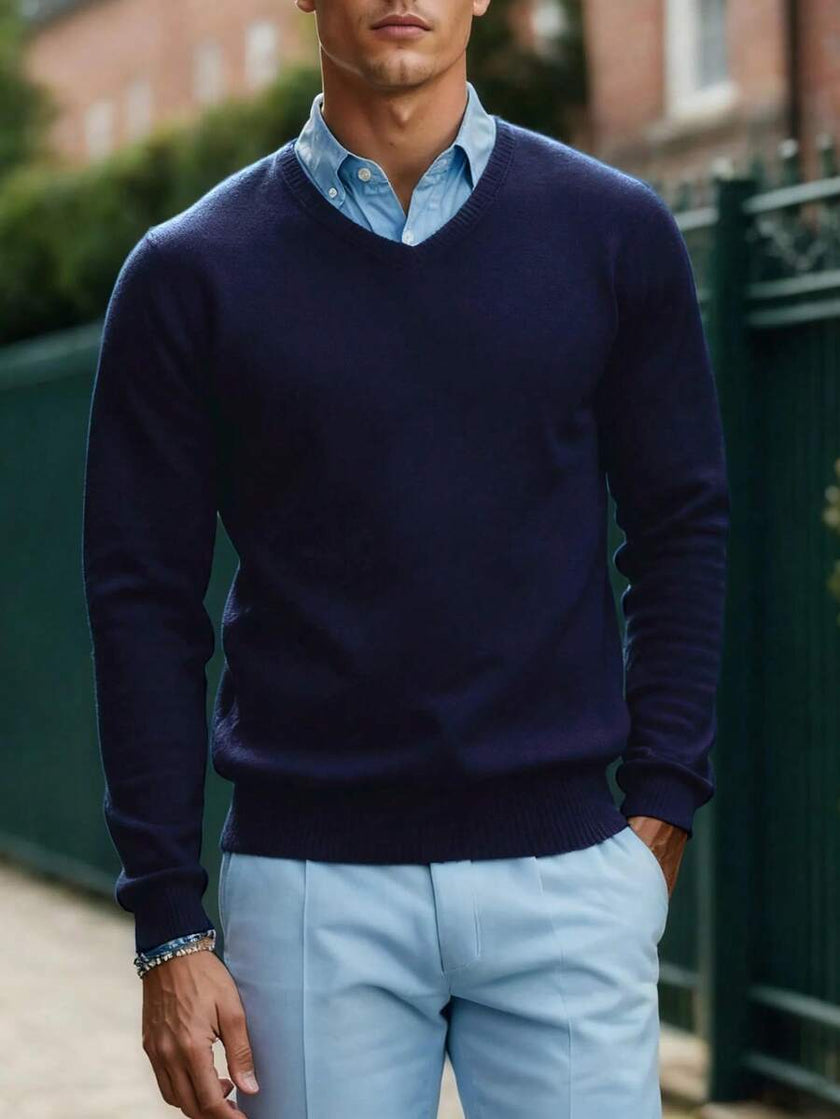 Solid V-Neck Sweater Navy - 28