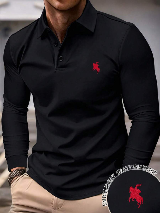 Embroidered Long Sleeve Polo Shirt - 1