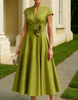 Red satin midi dress for women by FJØRNA featuring a V-neck, A-line silhouette, and floral design.