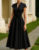 FJØRNA red satin midi dress for women with V-neck, A-line silhouette, floral pattern, perfect for elegant occasions.