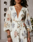 Ivory chiffon midi dress for women with v-neck and printed design by FJØRNA, flowing and elegant for special occasions.