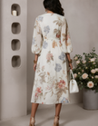 Ivory chiffon midi dress for women with V-neck and printed design, by FJØRNA, flowing fabric and elegant style