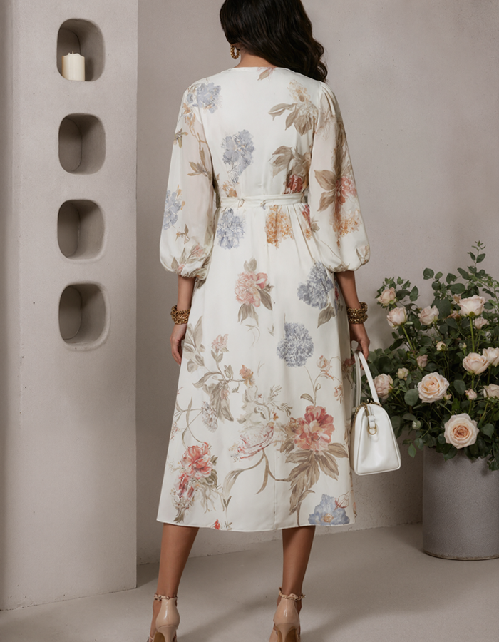 Ivory chiffon midi dress for women with V-neck and printed design, by FJØRNA, flowing fabric and elegant style