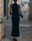 Navy blue velvet midi dress for women with mermaid silhouette and puff sleeves by FJØRNA.