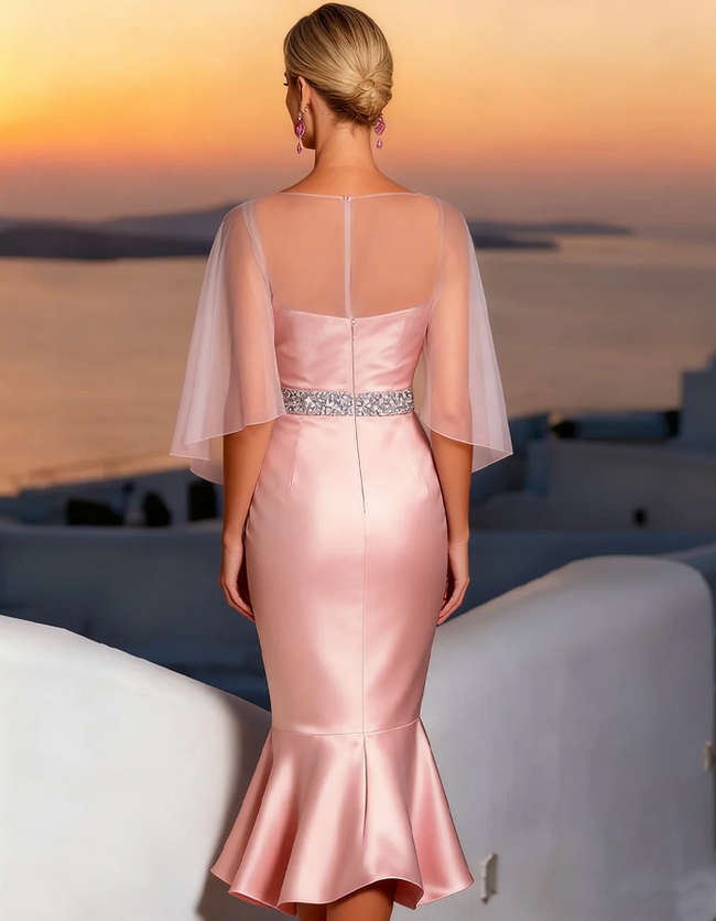 Pale pink satin midi dress for women by FJØRNA featuring a mermaid silhouette and matching shawl.