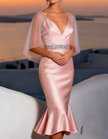 Pale pink satin midi dress for women with mermaid silhouette, featuring a shawl, by FJØRNA.