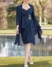 Navy blue tulle midi dress for women by FJØRNA, featuring pleated two-piece set with elegant, flowing design and layered fabric.
