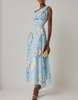 Light blue chiffon midi dress for women by FJØRNA featuring a one-shoulder design and floral pattern.