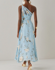 Light blue chiffon midi dress for women with one-shoulder floral design by FJØRNA, featuring elegant and flowing fabric.