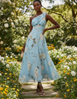 Light blue chiffon midi dress for women by FJØRNA, one-shoulder floral design, elegant flowy evening dress.