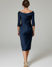 Red satin midi dress for women by FJØRNA featuring a bodycon fit and ruffle details, stylish and elegant for special occasions.