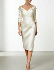 Red satin midi dress for women by FJØRNA featuring a bodycon fit and ruffle details, shown on a model.