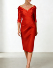Red satin midi dress for women by FJØRNA, bodycon fit with ruffle details, elegant and stylish evening wear.
