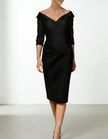 Red satin midi dress for women by FJØRNA featuring a bodycon fit and ruffle details, shown on a model.