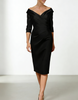 Red satin midi dress for women by FJØRNA featuring a bodycon fit and ruffle details, shown on a model.