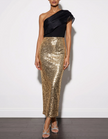 Gold sequin midi dress for women with one-shoulder design and ruffle detail by FJØRNA.
