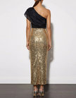 Gold sequin midi dress for women with one-shoulder design and ruffle detail by FJØRNA, showcasing a stylish evening look.