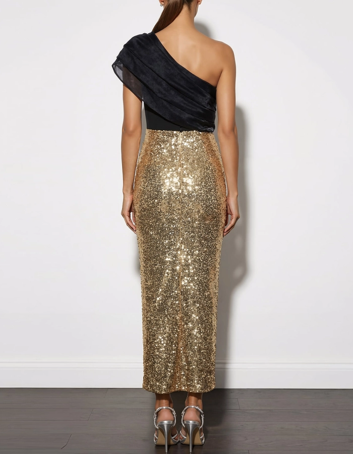 Gold sequin midi dress for women with one-shoulder design and ruffle detail by FJØRNA, showcasing a stylish evening look.