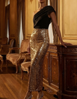 Gold sequin midi dress for women by FJØRNA, featuring a one-shoulder design and ruffle details