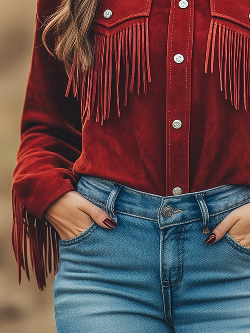 Red suede Western tassel long sleeve shirt by FJØRNA, featuring Western-style design with tassels and long sleeves.