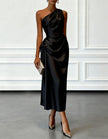 FJØRNA champagne satin midi dress for women, one-shoulder design with pleated details, elegant evening gown for special occasions