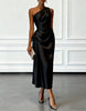 FJØRNA champagne satin midi dress for women, one-shoulder design with pleated details, elegant evening gown for special occasions