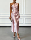 FJØRNA champagne satin midi dress for women with one-shoulder design and pleated details, elegant evening attire