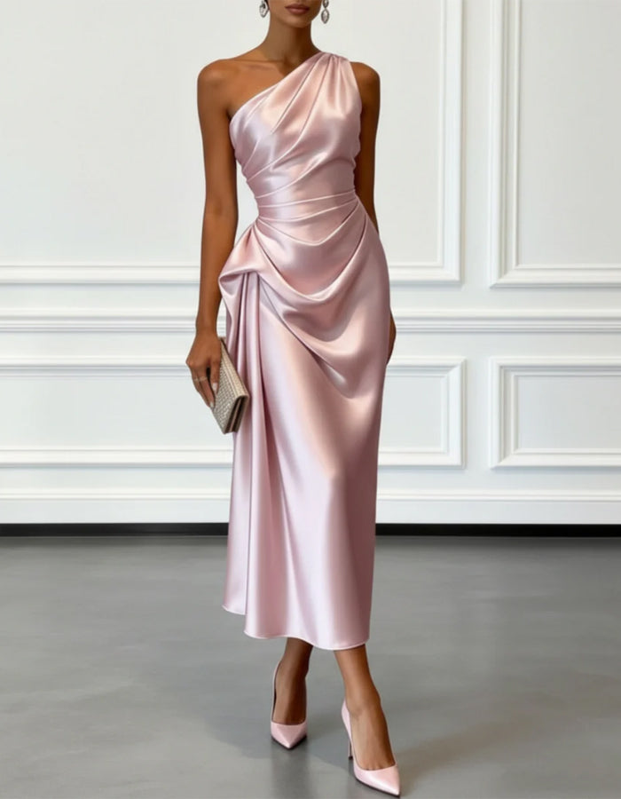 FJØRNA champagne satin midi dress for women with one-shoulder design and pleated details, elegant evening attire