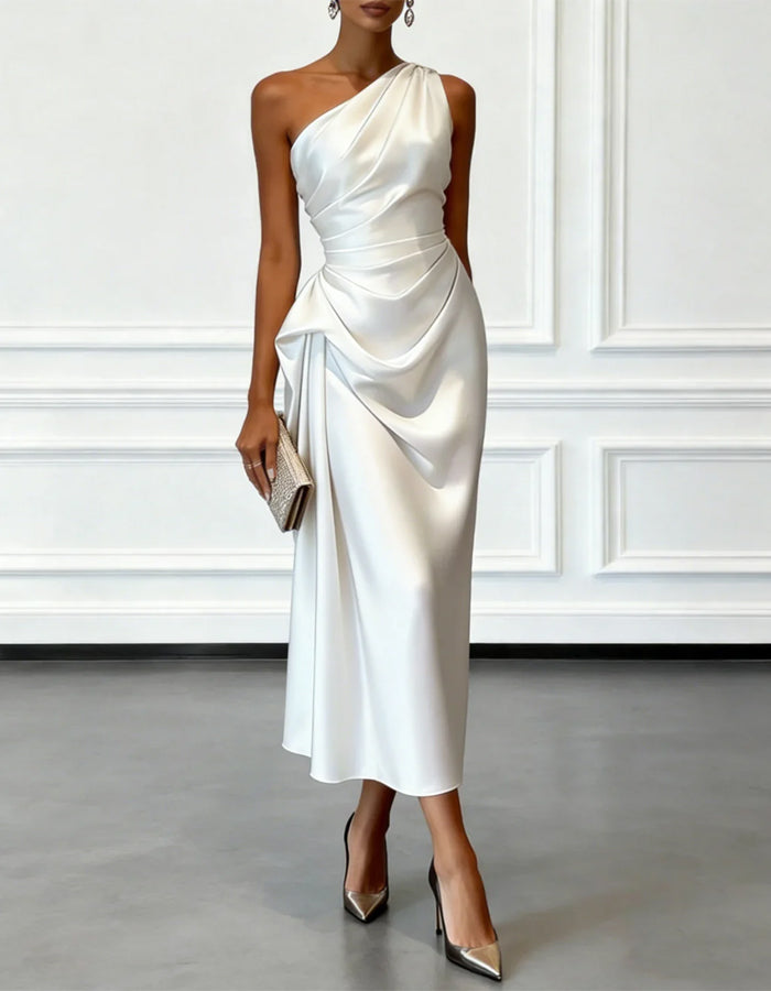 FJØRNA champagne satin midi dress for women, one-shoulder style with pleated design, elegant evening dress.