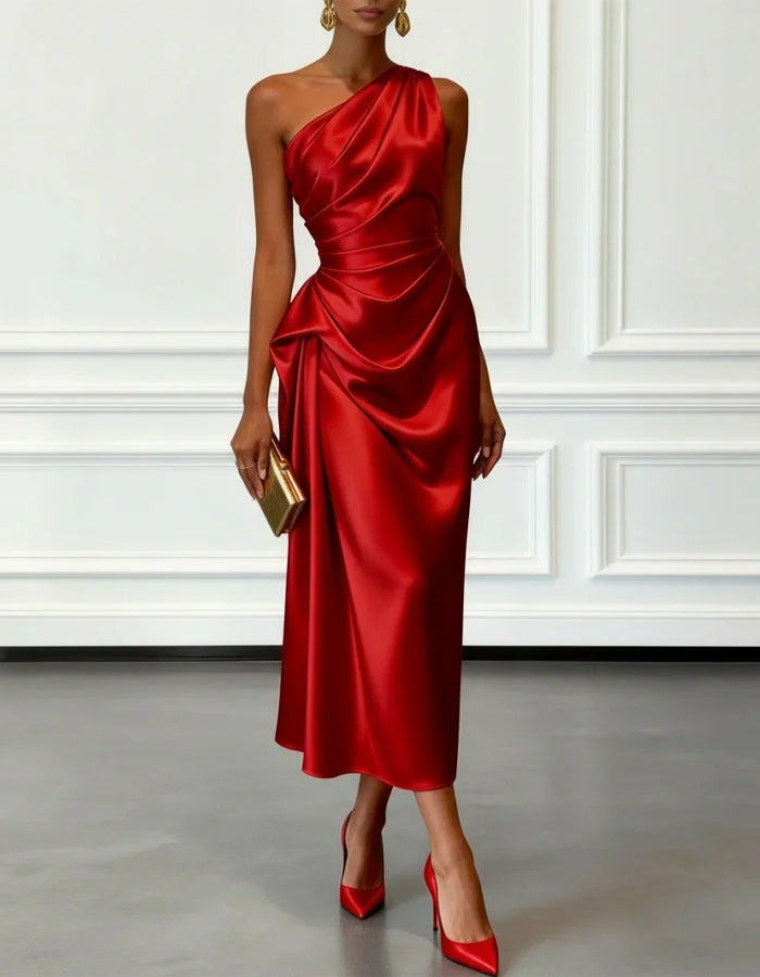 FJØRNA champagne satin midi dress for women with one-shoulder design and pleated details, elegant evening wear.