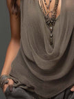 FJØRNA earth tone double-layer mesh knit halter tank top with sleeveless design and stylish layered fabric.