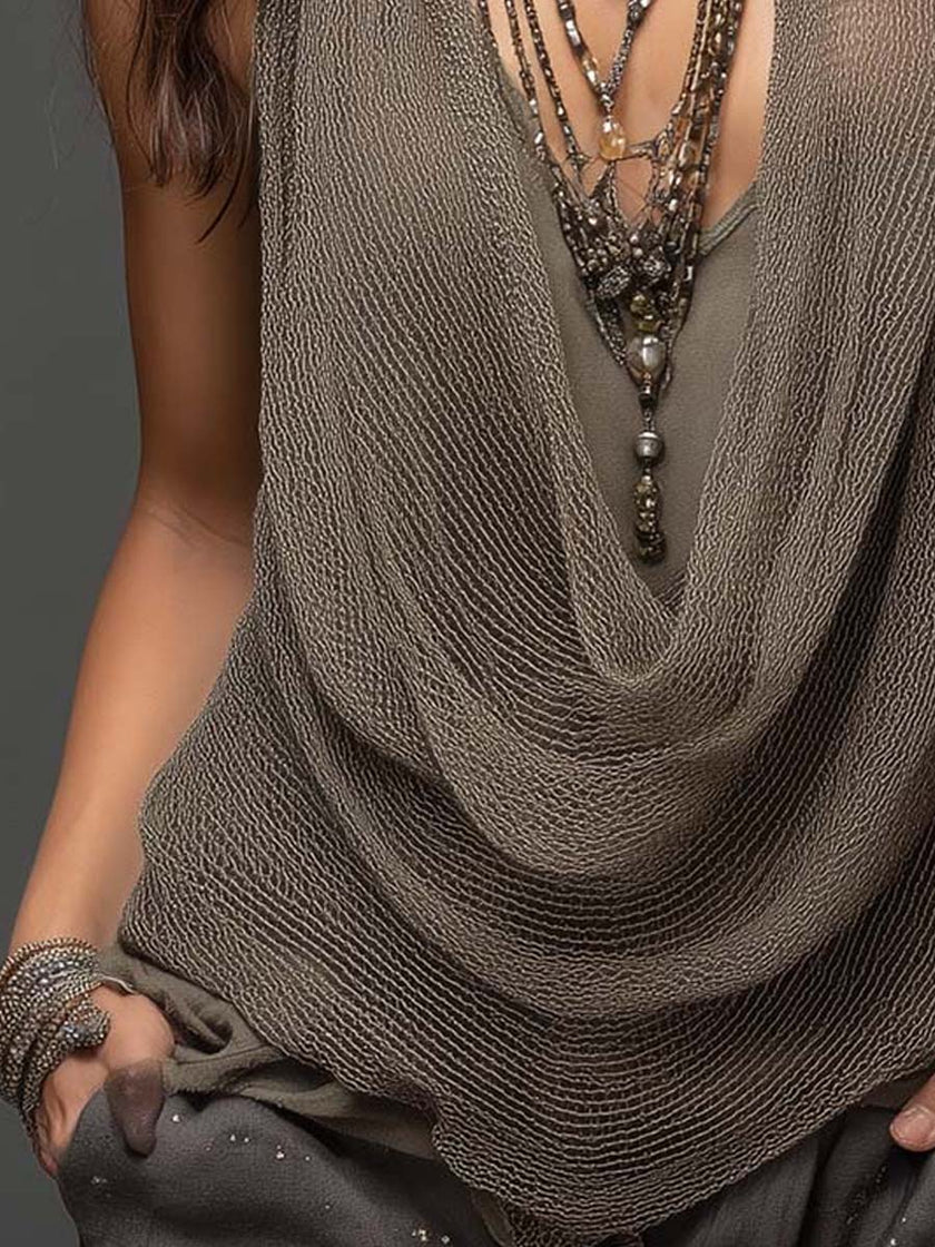 FJØRNA earth tone double-layer mesh knit halter tank top with sleeveless design and stylish layered fabric.