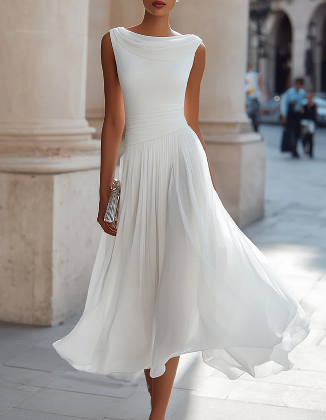 FJØRNA chiffon midi dress for women with draped neckline and pleated design, shown in a stylish, flowing silhouette.
