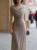 FJØRNA draped cowl-neck ruched maxi dress in soft fabric, showcasing elegant draping and a flowing silhouette.